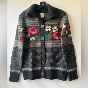 L.L. Bean Black Floral Cardigan Sweater